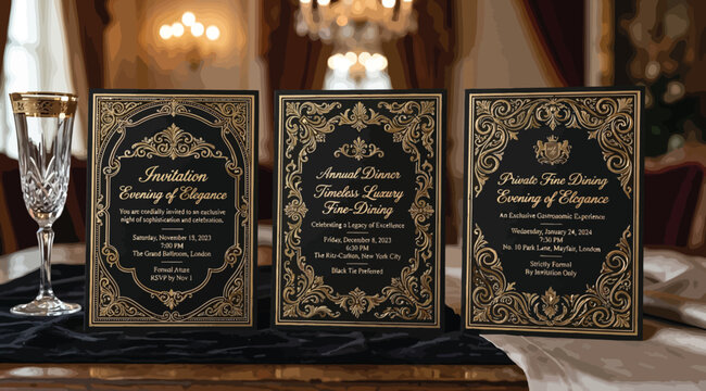 Three ornate black and gold event menus displayed on a formal dining table with crystal glassware and a chandelier in the background, conveying a sense of luxury and elegance