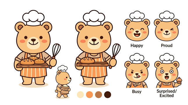 Cute Teddy Bear Baker Character Set with Various Expressions, Chef Mascot Holding Bread and Whisk Vector Illustration