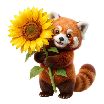 Cute red panda holding a big yellow sunflower