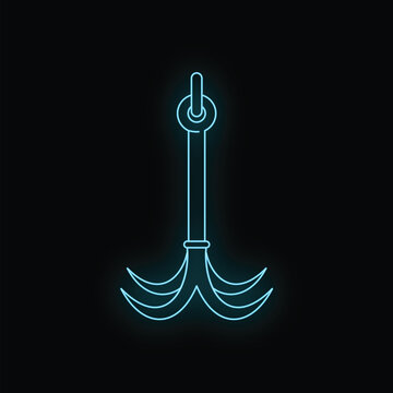 Neon blue grappling hook outlining climbing and adventuring equipment on a dark background