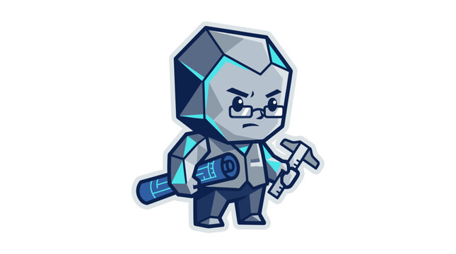 Cartoon Stone Architect Mascot Holding Blueprints and Caliper Tool, Vector Illustration