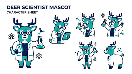 Obraz premium Deer Scientist Mascot Character Sheet Set with Cute Reindeer in Lab Coat Holding Science Equipment and Tablet
