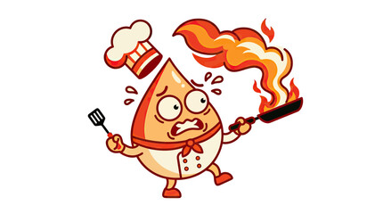 Obraz premium Funny cartoon oil drop chef mascot panicking with a flaming frying pan, kitchen cooking accident vector illustration