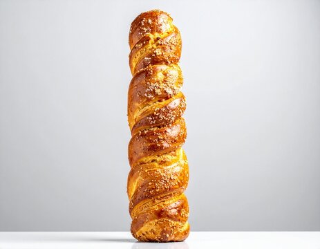 Professional studio photograph of k&uuml;rtőskal&aacute;cs standing vertically, golden caramelized crust with visible sugar crystals, softbox side lighting, controlled shadow, neutral gray background, shallow dep