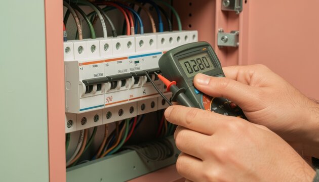 Close-up of hands holding a digital multimeter to a circuit breaker panel for electrical safety, home maintenance and professional infrastructure repair with visible grain