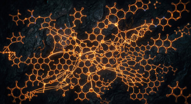 Molecular Network Structure: An intricate network of glowing hexagonal molecules, interconnected by shimmering lines, forms a complex biological or chemical structure against a dark.