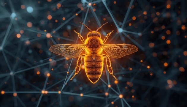 Digital Bee Network: A glowing, intricate illustration of a bee at the center of a complex network of connections, symbolizing technology and data.