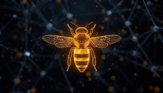 Digital Bee Network: A luminous, wireframe illustration of a bee glows at the center of a complex network of interconnected nodes, symbolizing digital connectivity and innovation.