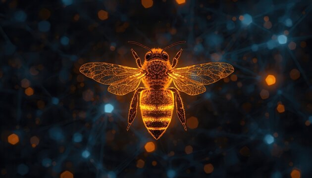 Glowing Bee Symbol: A stylized, glowing bee is depicted against a dark, abstract background with shimmering blue and orange orbs, representing connectivity and technology.