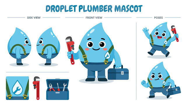Cute Plumber Mascot Character Sheet, Water Droplet Repairman Holding Pipe Wrench and Toolbox in Different Poses, Cartoon Technician for Plumbing Service Branding and Logo Design