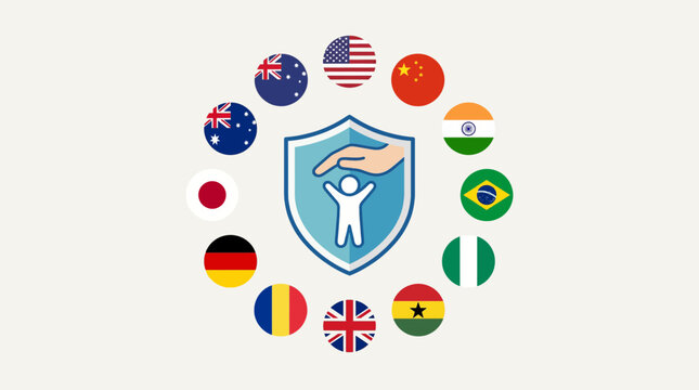 Multinational Flag Icons Surrounding Child Protection Symbol