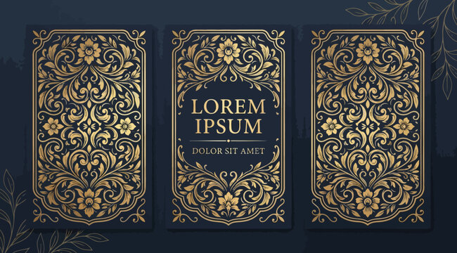 Set of three luxury vertical cards with intricate golden damask pattern on dark blue background