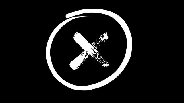 Chalk sketch cross mark inside a circle frame icon with a transparent alpha channel. Features hand-drawn animation style, perfect for representing wrong answers, cancel actions, or negative feedback.