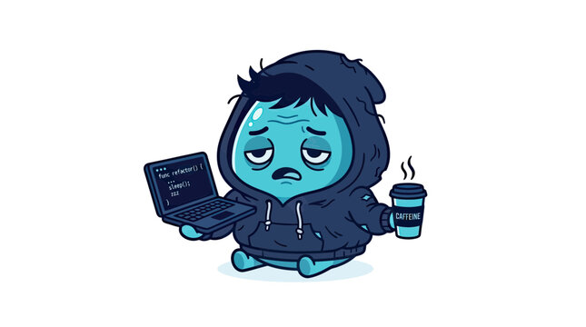 Exhausted Cartoon Programmer Character with Coffee and Laptop Representing Tech Burnout