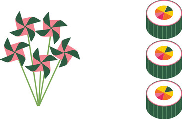 Creative Paper Pinwheel Toy Bouquet and Colorful Japanese Sushi Roll Vector Set for Asian Culture, Festival Decorations, Food Menus, and Graphic Designs © MdMostakin