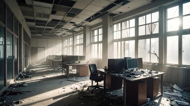 Decayed office with broken windows, sunlight, and debris