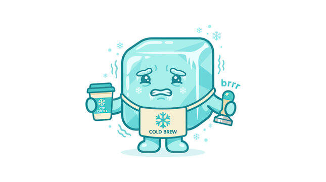 Cute Shivering Ice Cube Barista Mascot Character Holding Iced Coffee Cup and Coffee Tamper, Funny Cold Brew Concept Illustration