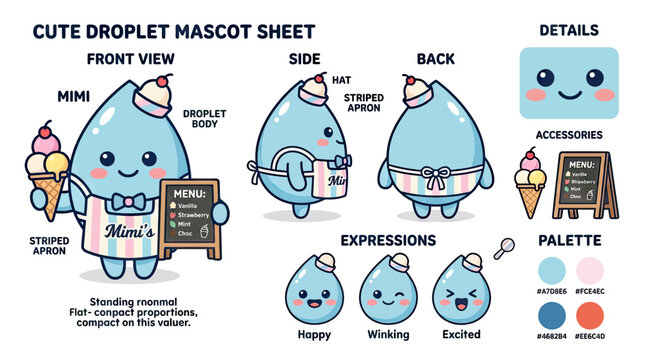 Cute Blue Water Droplet Character Sheet featuring Mimi the Ice Cream Vendor with Front Side and Back Views Expressions and Accessories for Mascot Design