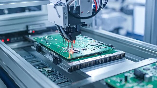 Automated machine assembling a green electronic circuit board component