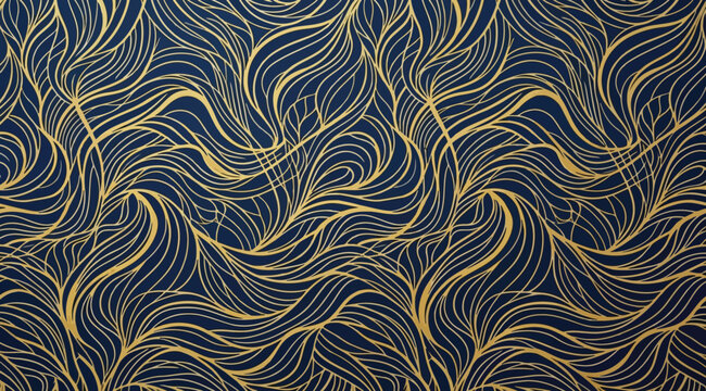 Abstract golden wavy lines pattern on dark blue background