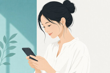 Fototapeta premium スマホを見て微笑む日本人女性のフラットイラスト