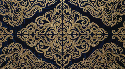 Elegant seamless damask pattern featuring intricate gold filigree scrolls on a deep navy blue background © S.Siam