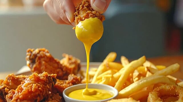 A hand dips a crispy fried chicken piece into yellow sauce