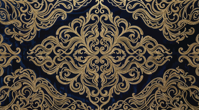 Elegant seamless damask pattern featuring intricate gold filigree scrolls on a deep navy blue background