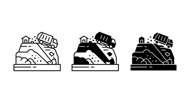 Landslide Icons: Truck, Houses, Debris, Natural Disaster, Danger, Warning, Vector Set