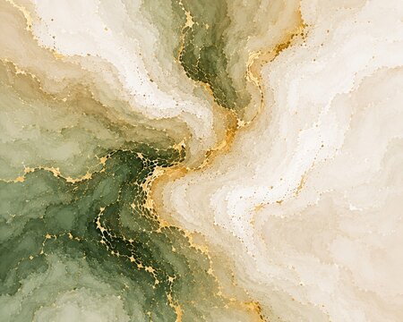 Green and Cream Abstract Alcohol Ink Background with Gold Veins