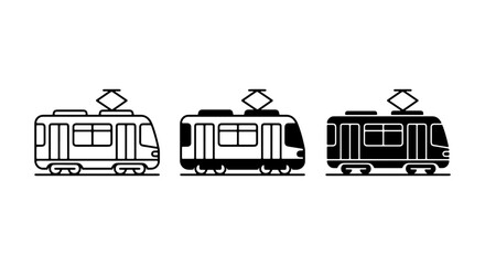 Modern Tram Icons, City Public Transport Vector Set, Urban Commute Transportation Graphics, Black and White Stylized Train Illustrations © Tanvir
