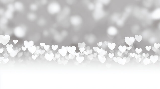 Hearts and soft blurred bokeh lights on silver holiday background