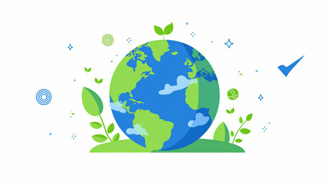 Illustration of planet Earth on a white background surrounded by green leaves and plants symbolizes ecology and environmental protection