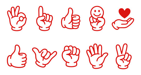 Fototapeta premium Hand Drawn Doodle Hand Gestures Vector Set – OK Sign, Peace Symbol, Victory Fingers, Pointing Hand and Positive Mascot Stickers