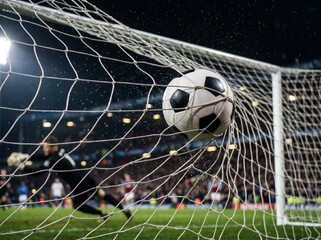 Soccer ball hitting the net in a stadium at night