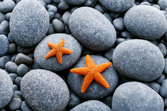 Two orange starfish on grey sea pebbles