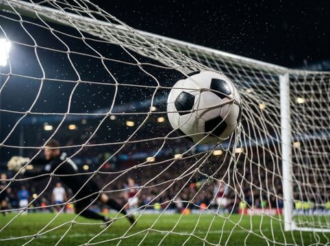 Soccer ball hitting the net in a stadium at night