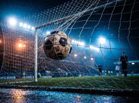 Soccer ball hitting the net during a night football match