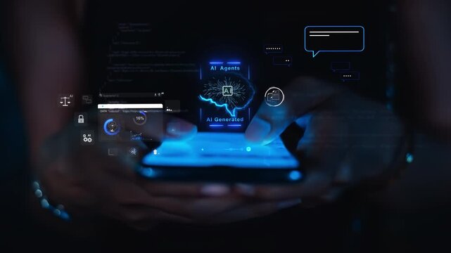 Person using smartphone with futuristic AI agent, digital brain and data analytics hologram interface at night