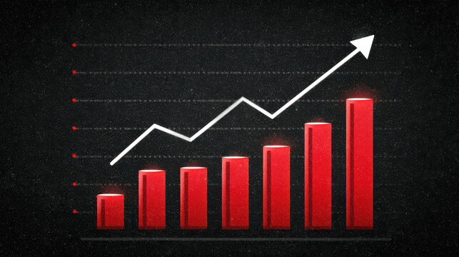 Red rising bar chart with white upward arrow on dark background
