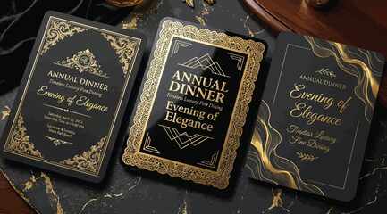 Set of three luxury invitation cards for an annual dinner with elegant gold foil typography and ornate frames on a dark marble background © S.Siam
