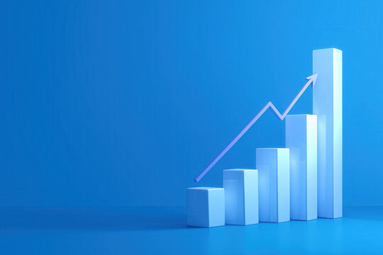 Growth chart with tables and an arrow on a blue background, copy space 