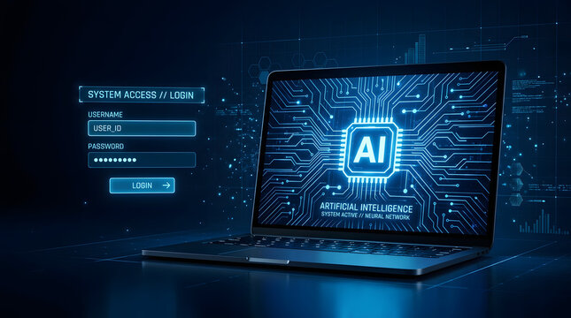Artificial intelligence concept on laptop screen with digital code and futuristic interface in dark tech setting