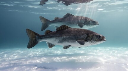 Fototapeta premium Two large fish swim in clear blue water near sandy bottom. Sunlight filters through water surface creating beautiful patterns on seabed. Aquatic animals move gracefully in their natural habitat.