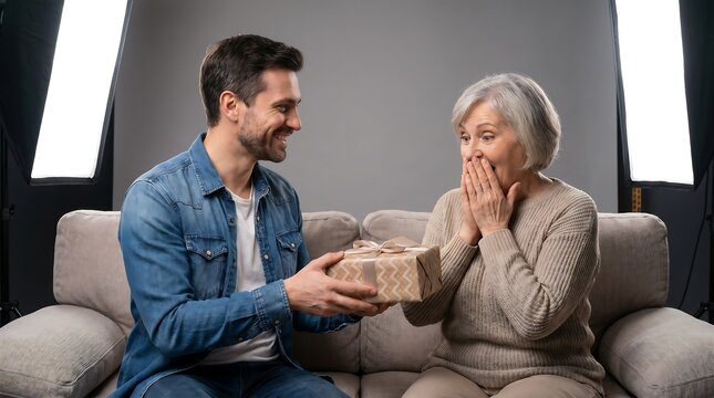 A man surprises a woman with a gift on a couch indoors.