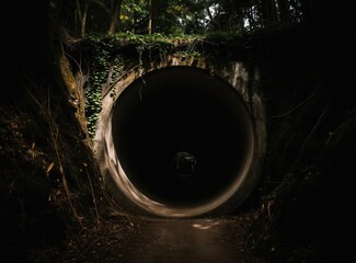 Fototapeta premium Dark concrete tunnel entrance in dense forest. Overgrown vines cover concrete wall. Path leads to black hole, mystery beckons. Natural scene, woodland mystery.