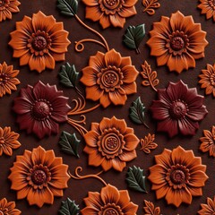Obraz premium Embossed leather texture features repeating floral pattern with orange and burgundy flowers and green leaves. Decorative surface with detailed carving.