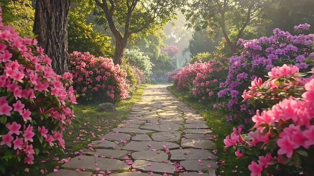 A stone path winds through a garden filled with blooming flowers