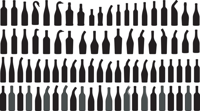 Large collection of bottle silhouette vector illustrations showing diverse shapes and neck designs in black and gray minimalist style