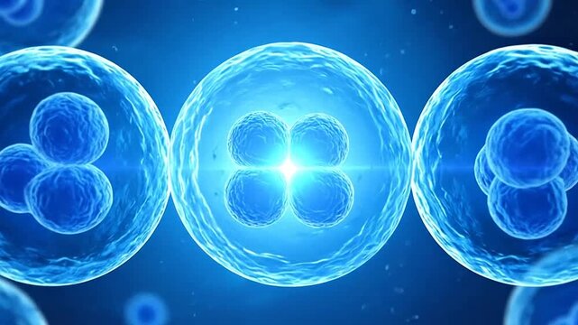 Microscopic view of biological cells dividing in a blue environment